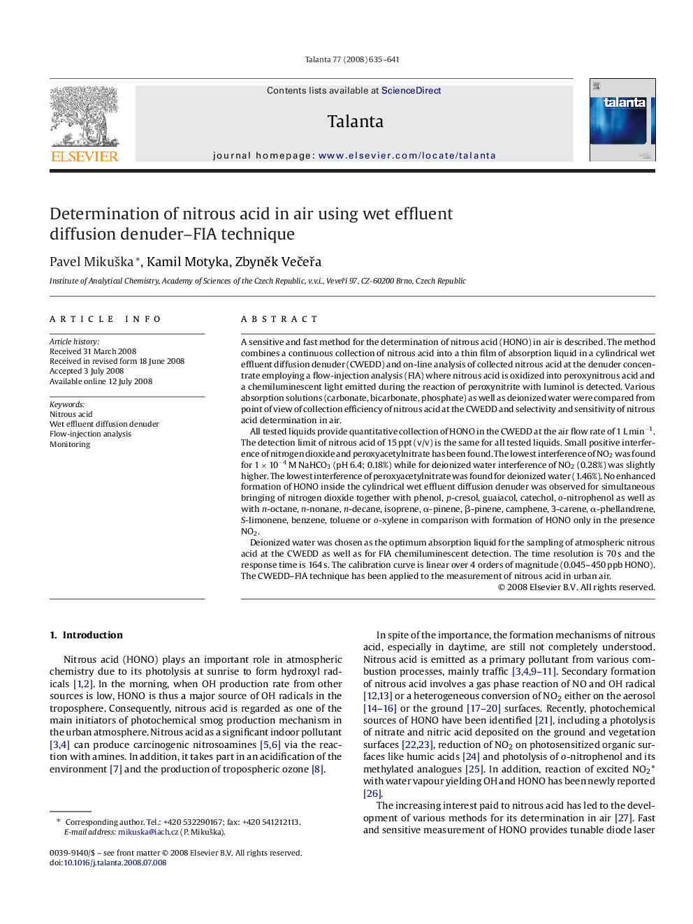 Determination of nitrous acid in air using wet effluent diffusion denuder–FIA technique