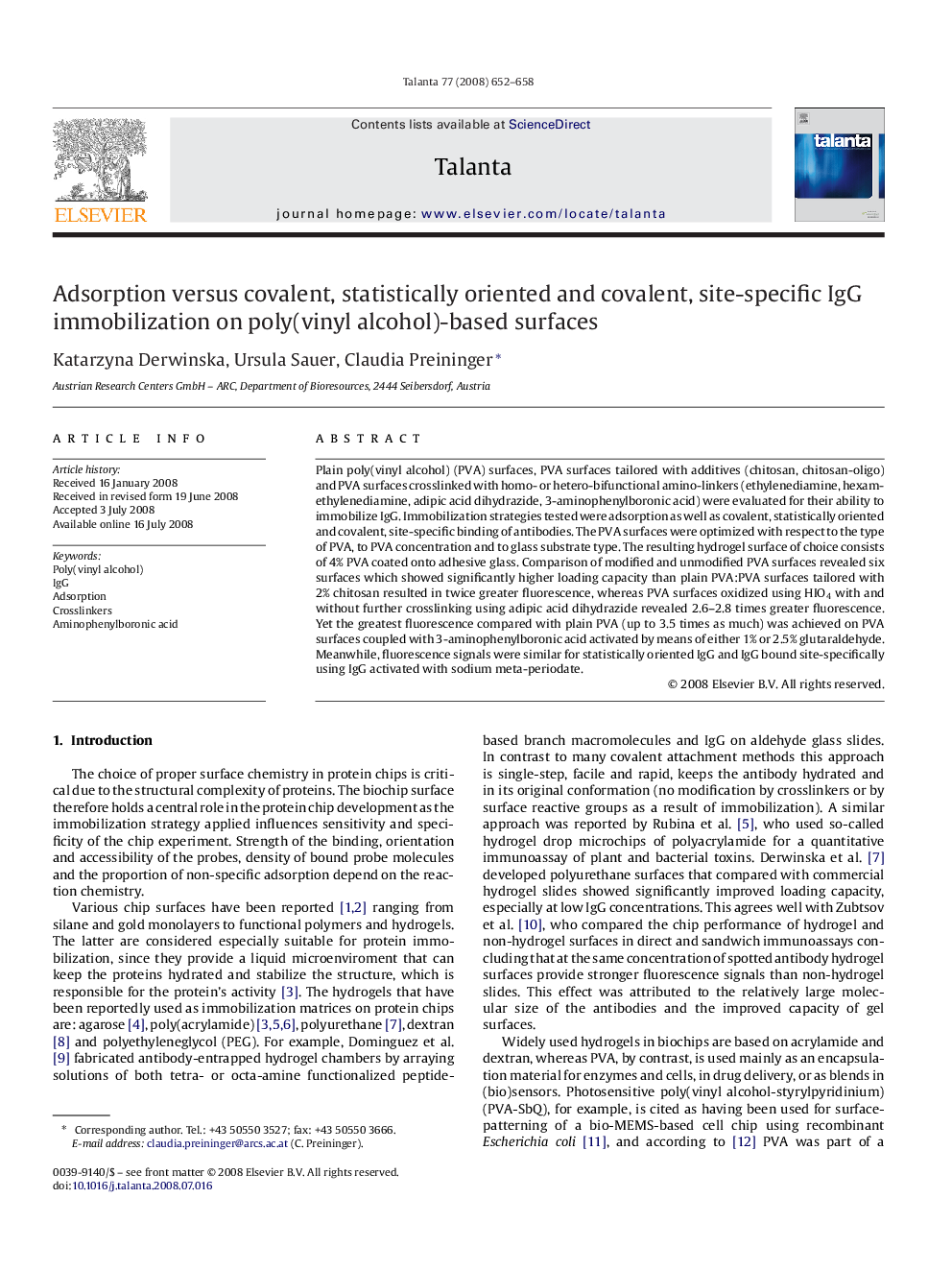 Adsorption versus covalent, statistically oriented and covalent, site-specific IgG immobilization on poly(vinyl alcohol)-based surfaces