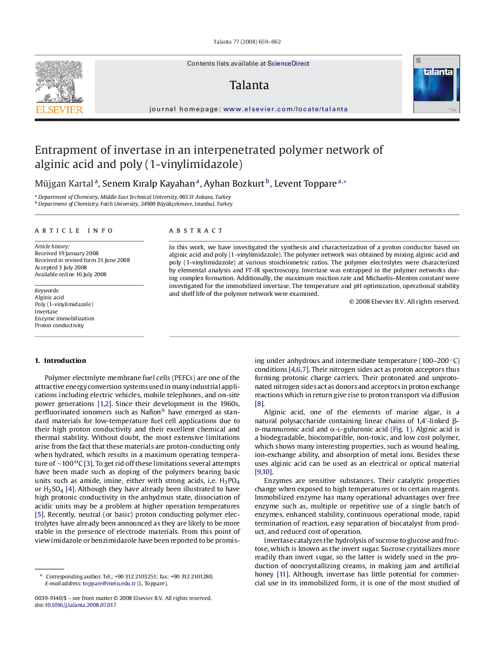 Entrapment of invertase in an interpenetrated polymer network of alginic acid and poly (1-vinylimidazole)