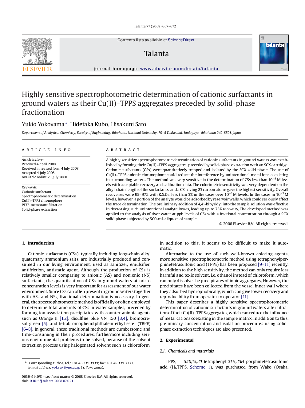 Highly sensitive spectrophotometric determination of cationic surfactants in ground waters as their Cu(II)–TPPS aggregates preceded by solid-phase fractionation