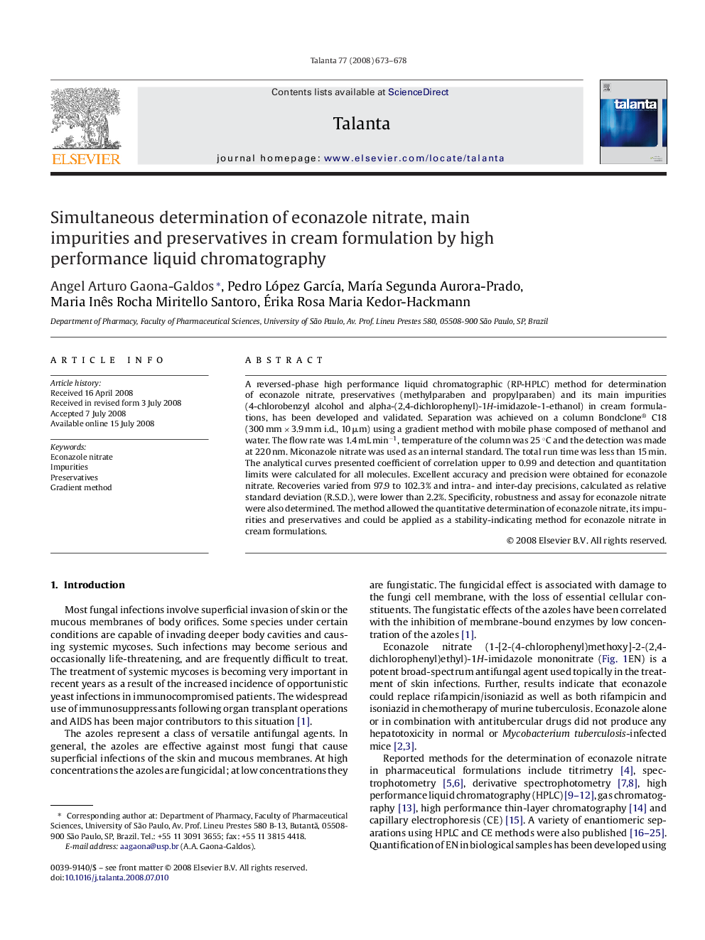 Simultaneous determination of econazole nitrate, main impurities and preservatives in cream formulation by high performance liquid chromatography