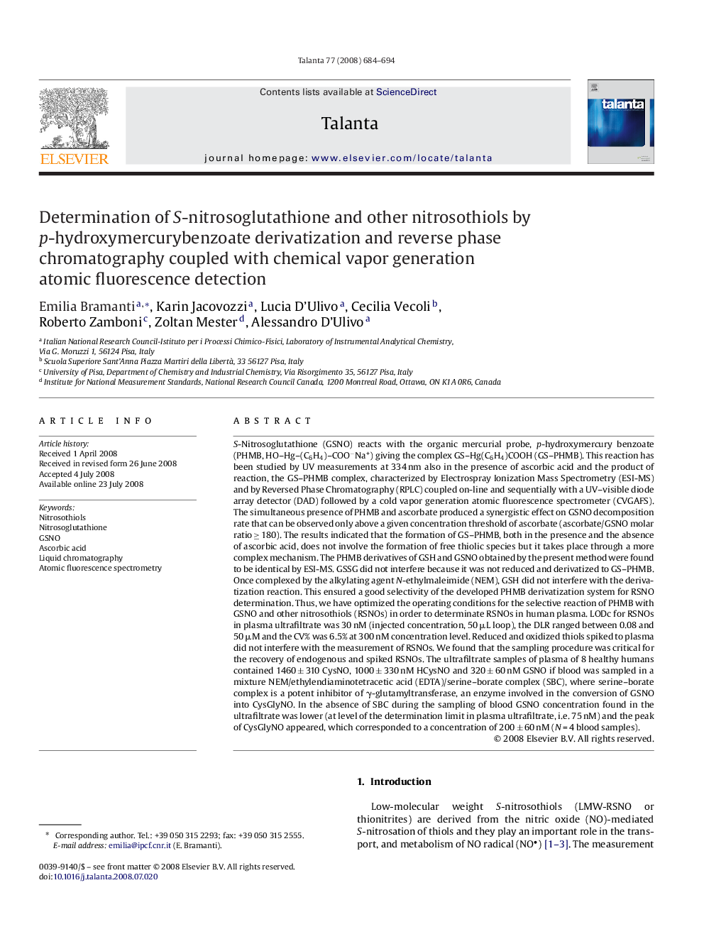 Determination of S-nitrosoglutathione and other nitrosothiols by p-hydroxymercurybenzoate derivatization and reverse phase chromatography coupled with chemical vapor generation atomic fluorescence detection