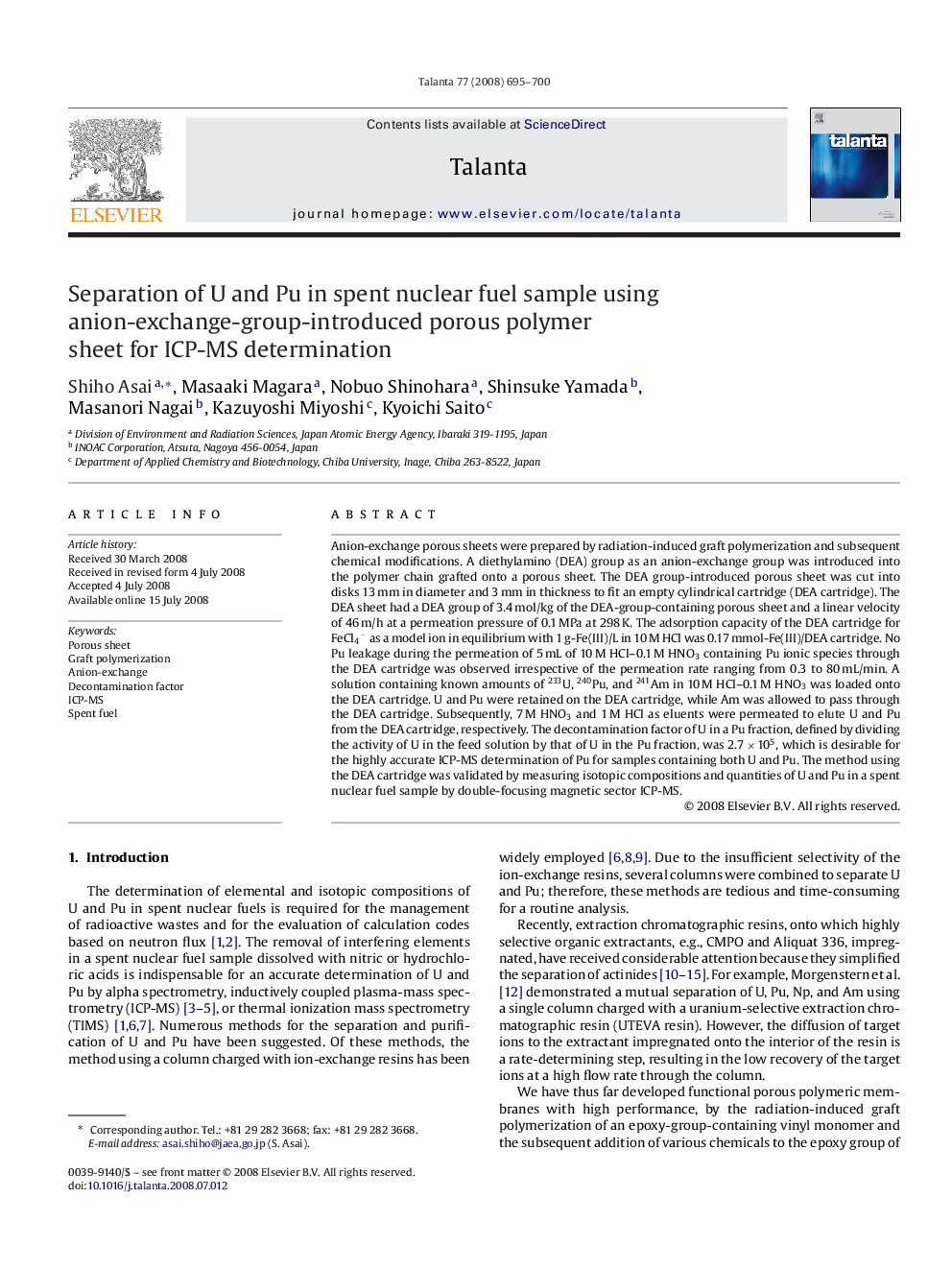 Separation of U and Pu in spent nuclear fuel sample using anion-exchange-group-introduced porous polymer sheet for ICP-MS determination