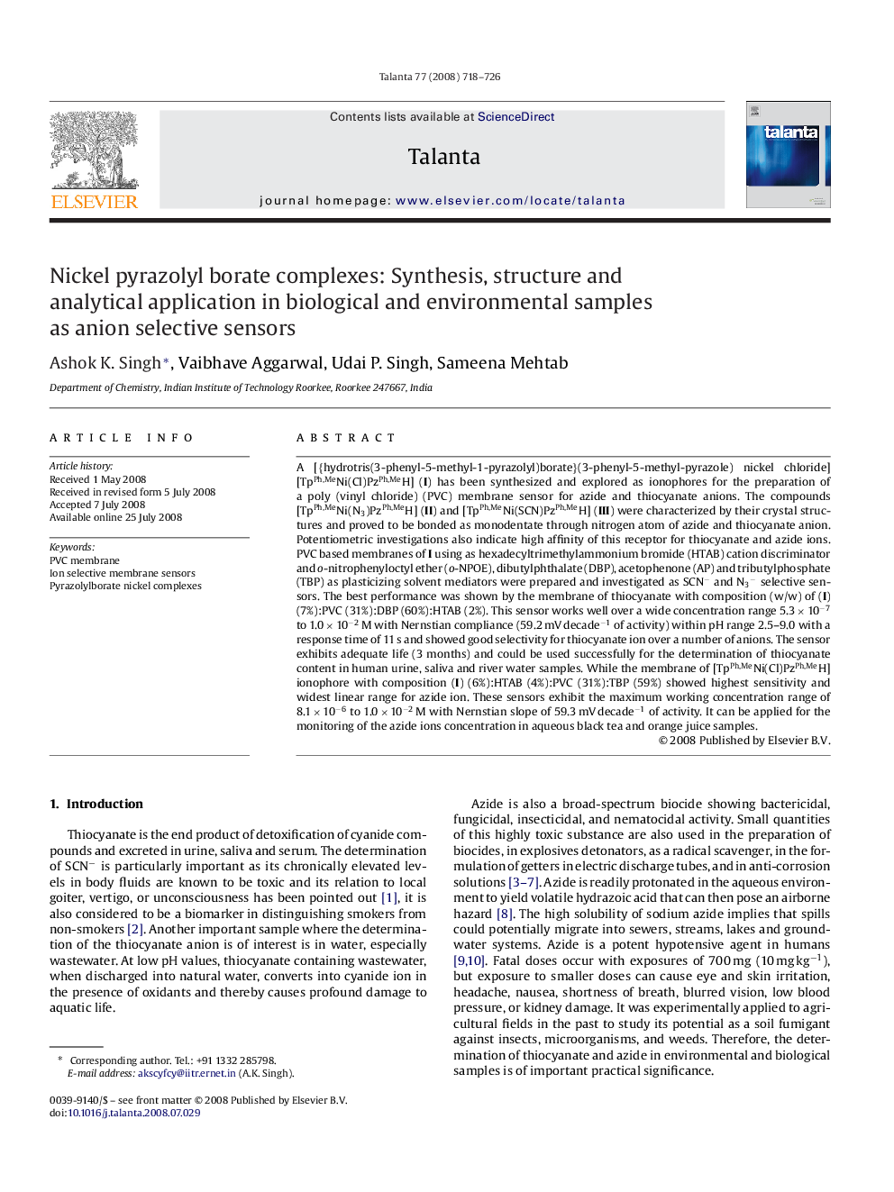 Nickel pyrazolyl borate complexes: Synthesis, structure and analytical application in biological and environmental samples as anion selective sensors