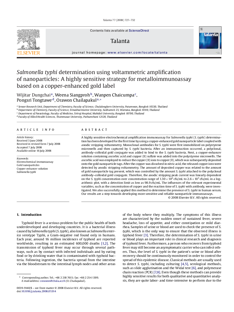 Salmonella typhi determination using voltammetric amplification of nanoparticles: A highly sensitive strategy for metalloimmunoassay based on a copper-enhanced gold label