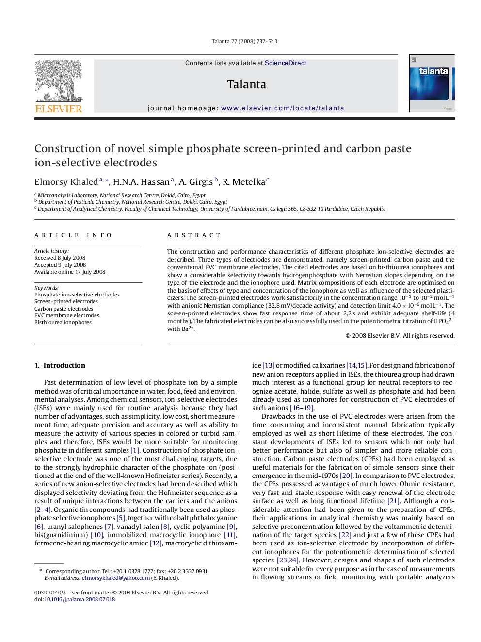 Construction of novel simple phosphate screen-printed and carbon paste ion-selective electrodes