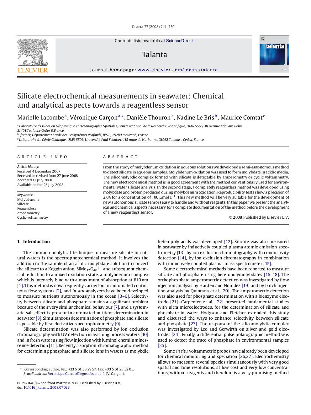 Silicate electrochemical measurements in seawater: Chemical and analytical aspects towards a reagentless sensor