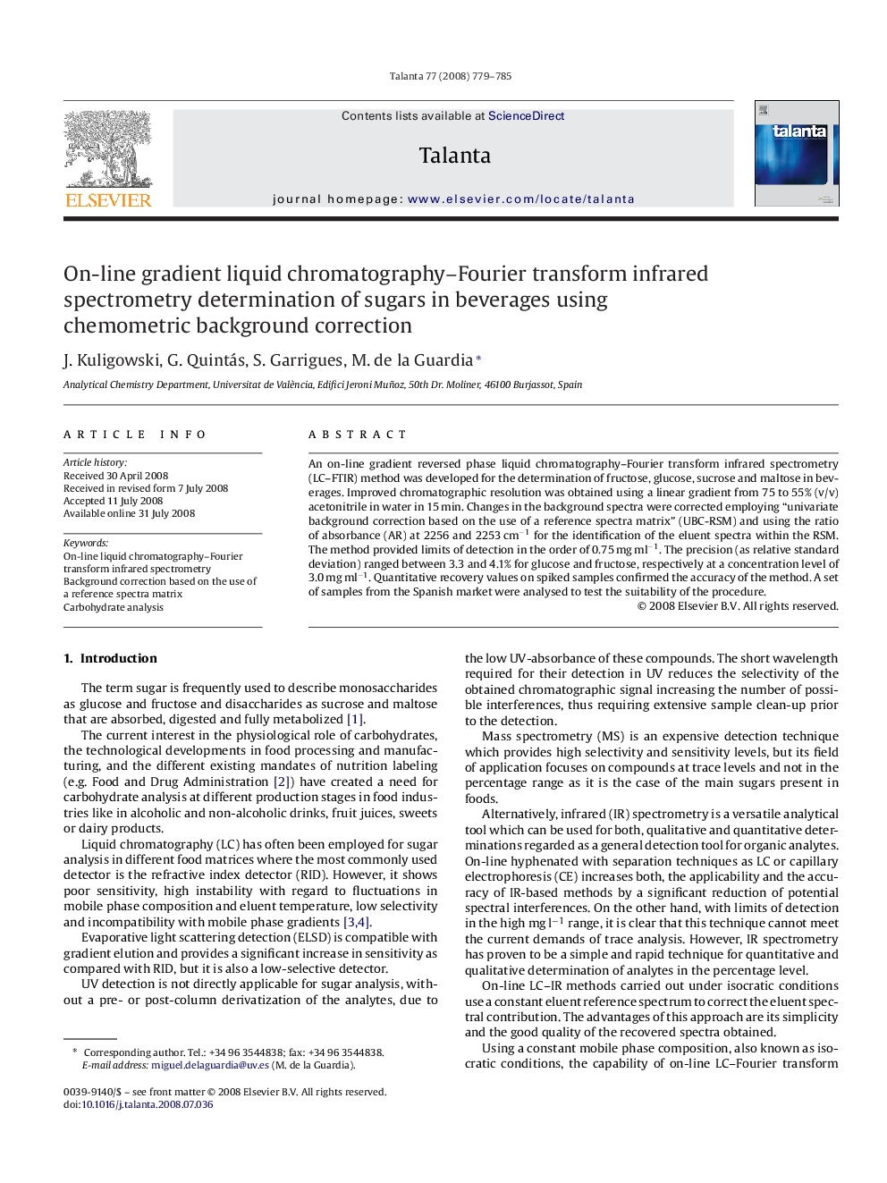 On-line gradient liquid chromatography–Fourier transform infrared spectrometry determination of sugars in beverages using chemometric background correction