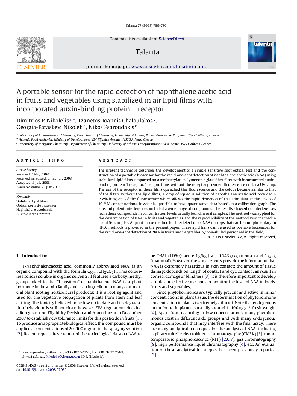 A portable sensor for the rapid detection of naphthalene acetic acid in fruits and vegetables using stabilized in air lipid films with incorporated auxin-binding protein 1 receptor