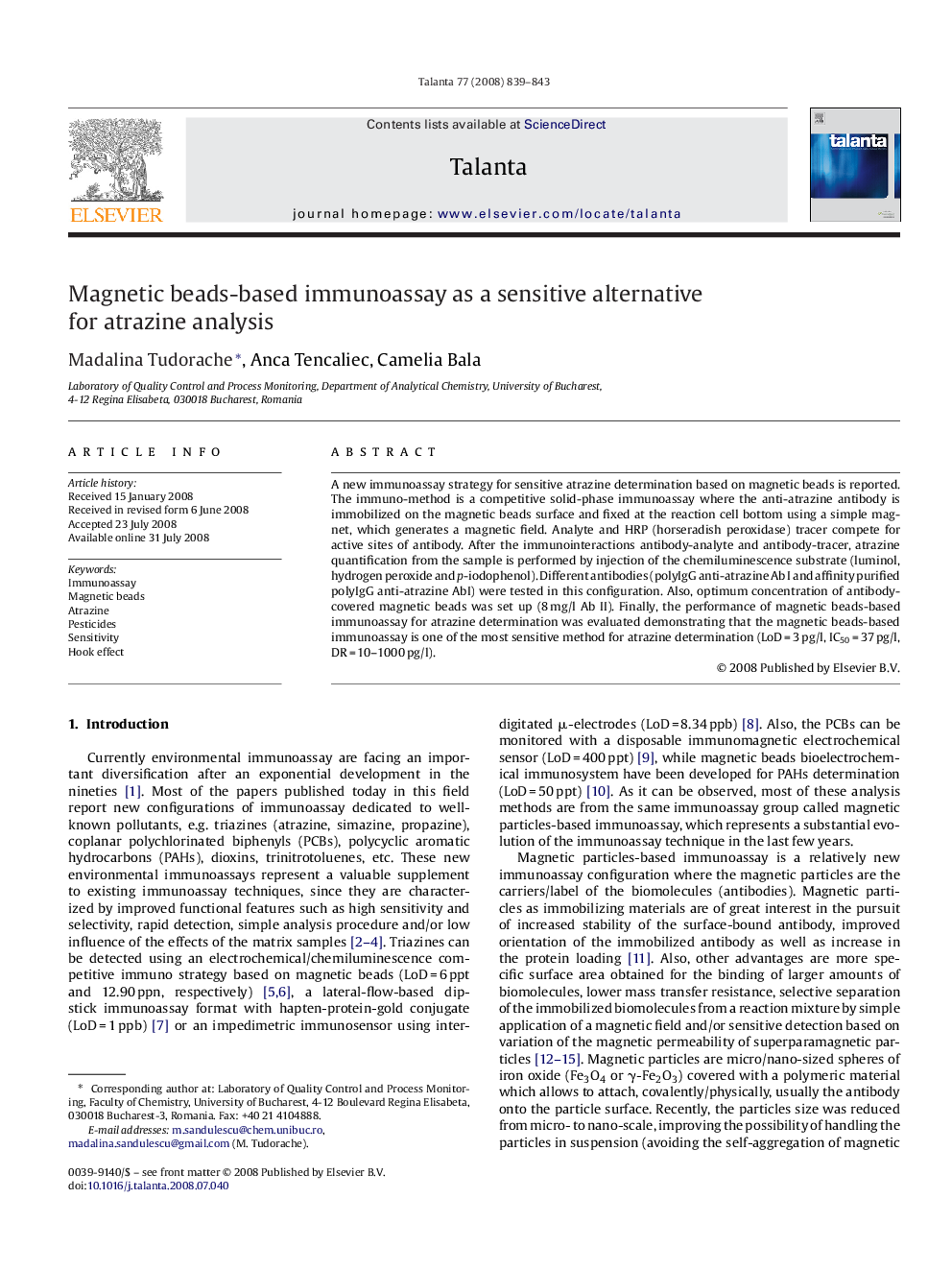 Magnetic beads-based immunoassay as a sensitive alternative for atrazine analysis