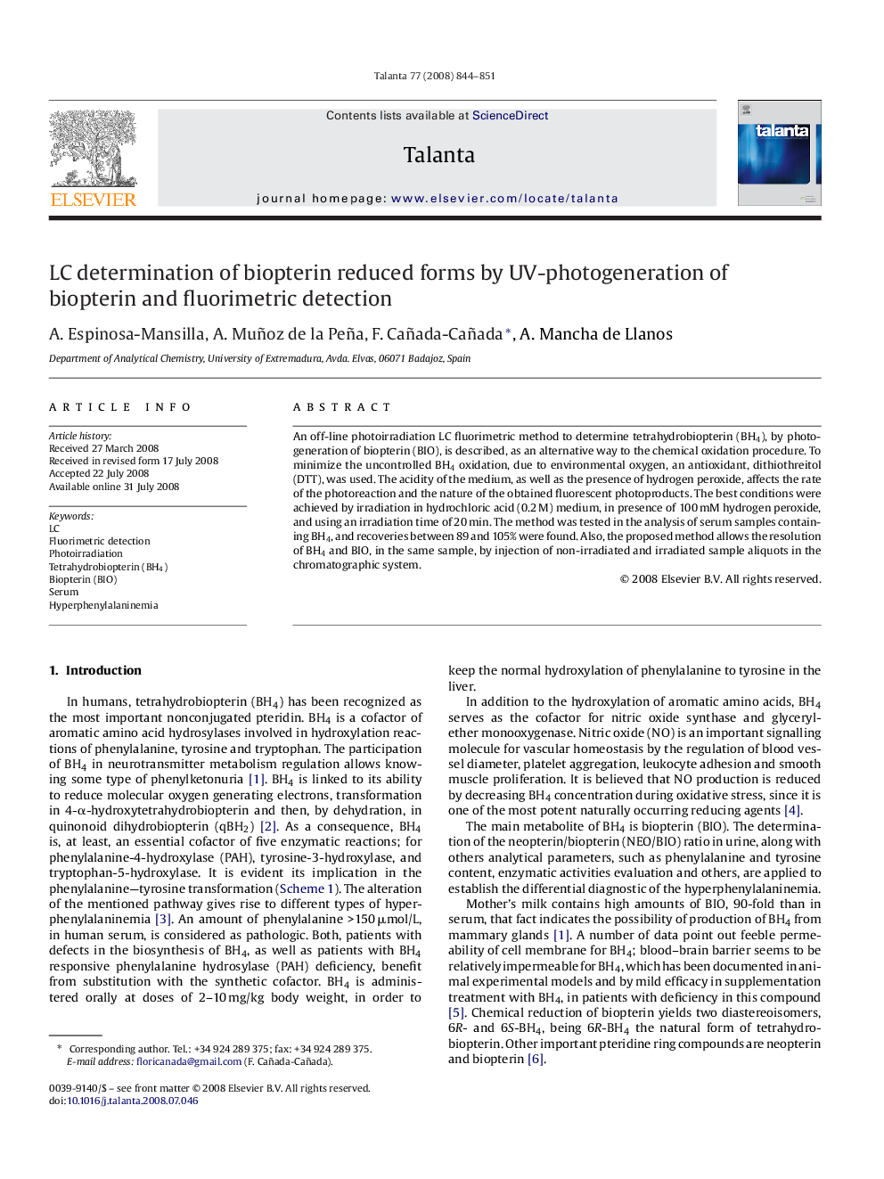 LC determination of biopterin reduced forms by UV-photogeneration of biopterin and fluorimetric detection