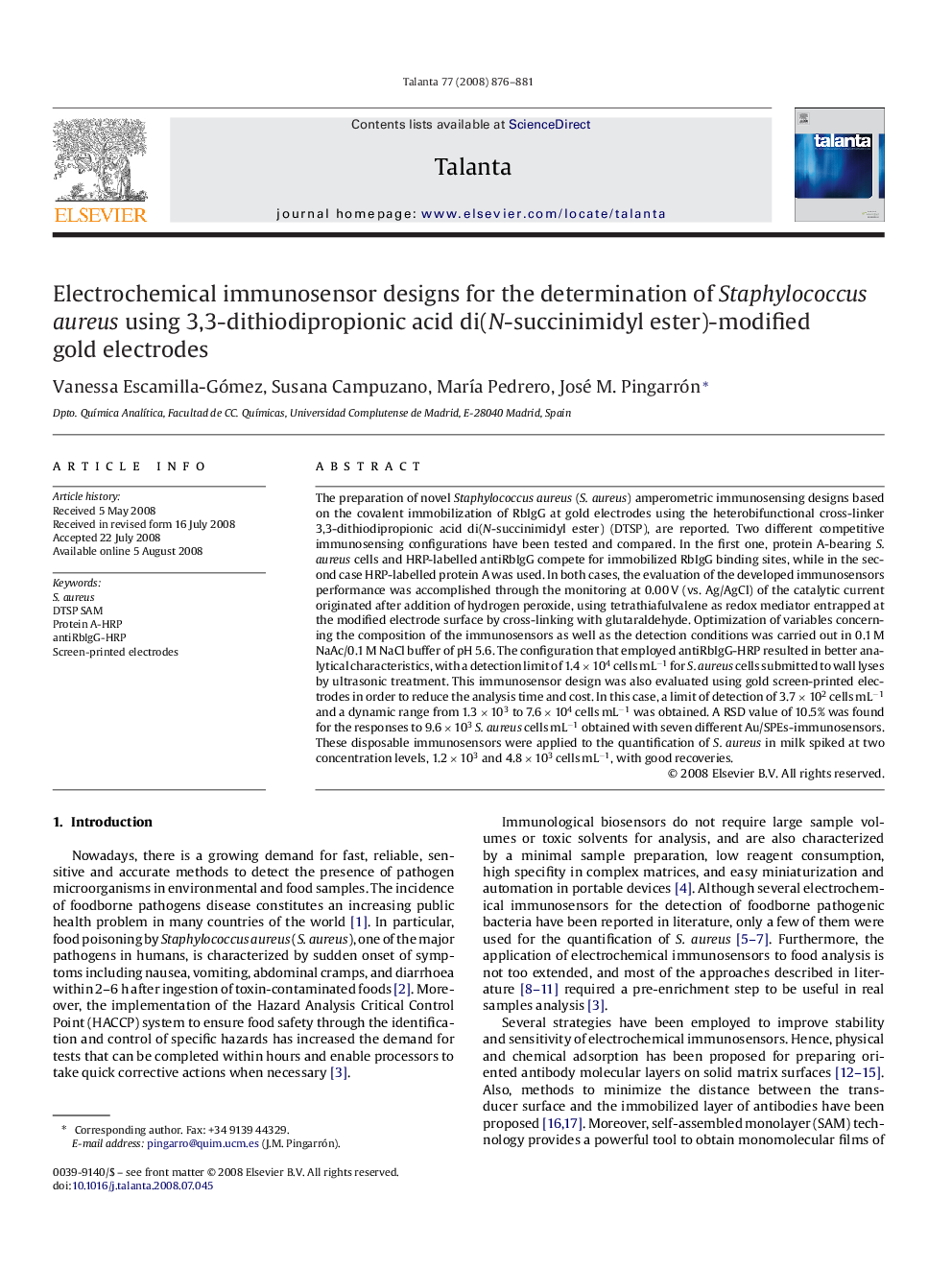 Electrochemical immunosensor designs for the determination of Staphylococcus aureus using 3,3-dithiodipropionic acid di(N-succinimidyl ester)-modified gold electrodes