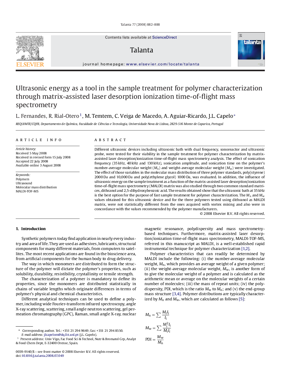 Ultrasonic energy as a tool in the sample treatment for polymer characterization through matrix-assisted laser desorption ionization time-of-flight mass spectrometry