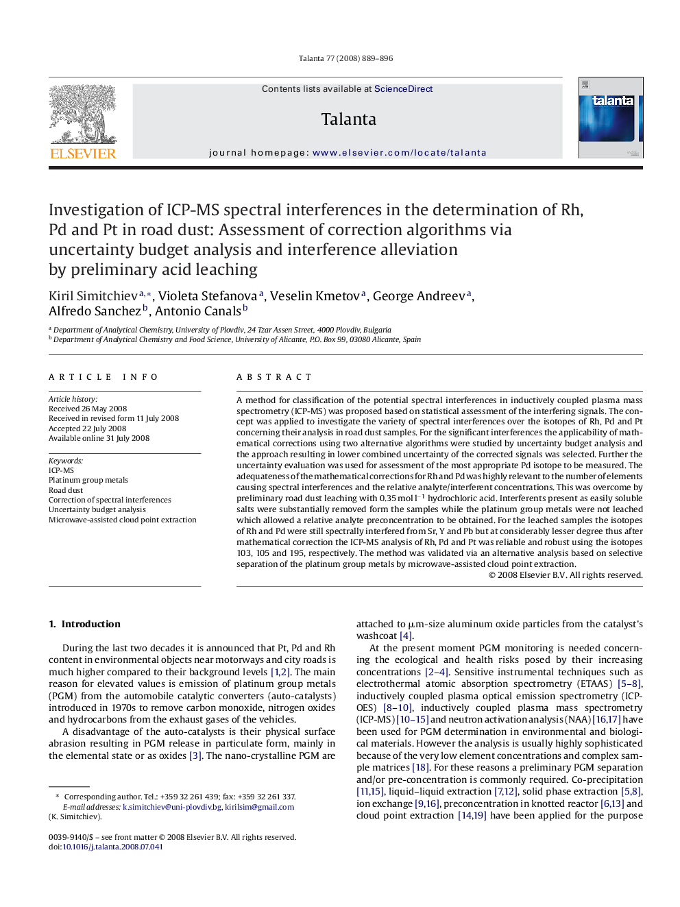 Investigation of ICP-MS spectral interferences in the determination of Rh, Pd and Pt in road dust: Assessment of correction algorithms via uncertainty budget analysis and interference alleviation by preliminary acid leaching