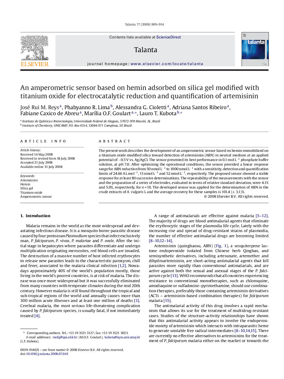 An amperometric sensor based on hemin adsorbed on silica gel modified with titanium oxide for electrocatalytic reduction and quantification of artemisinin