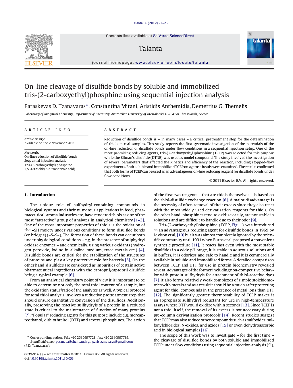 On-line cleavage of disulfide bonds by soluble and immobilized tris-(2-carboxyethyl)phosphine using sequential injection analysis