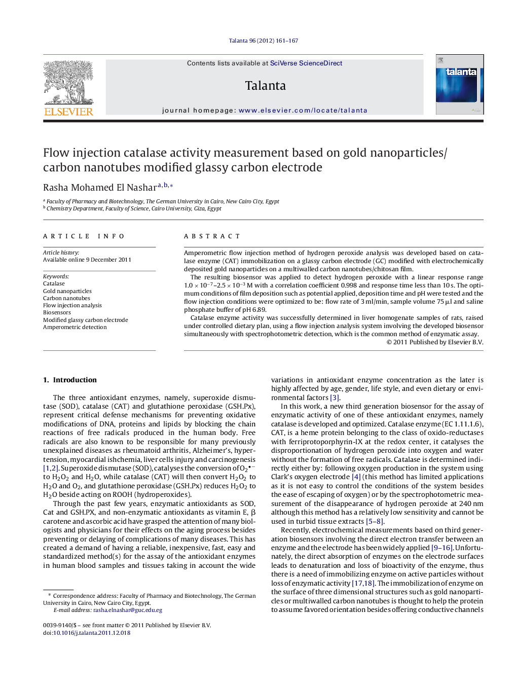 Flow injection catalase activity measurement based on gold nanoparticles/carbon nanotubes modified glassy carbon electrode