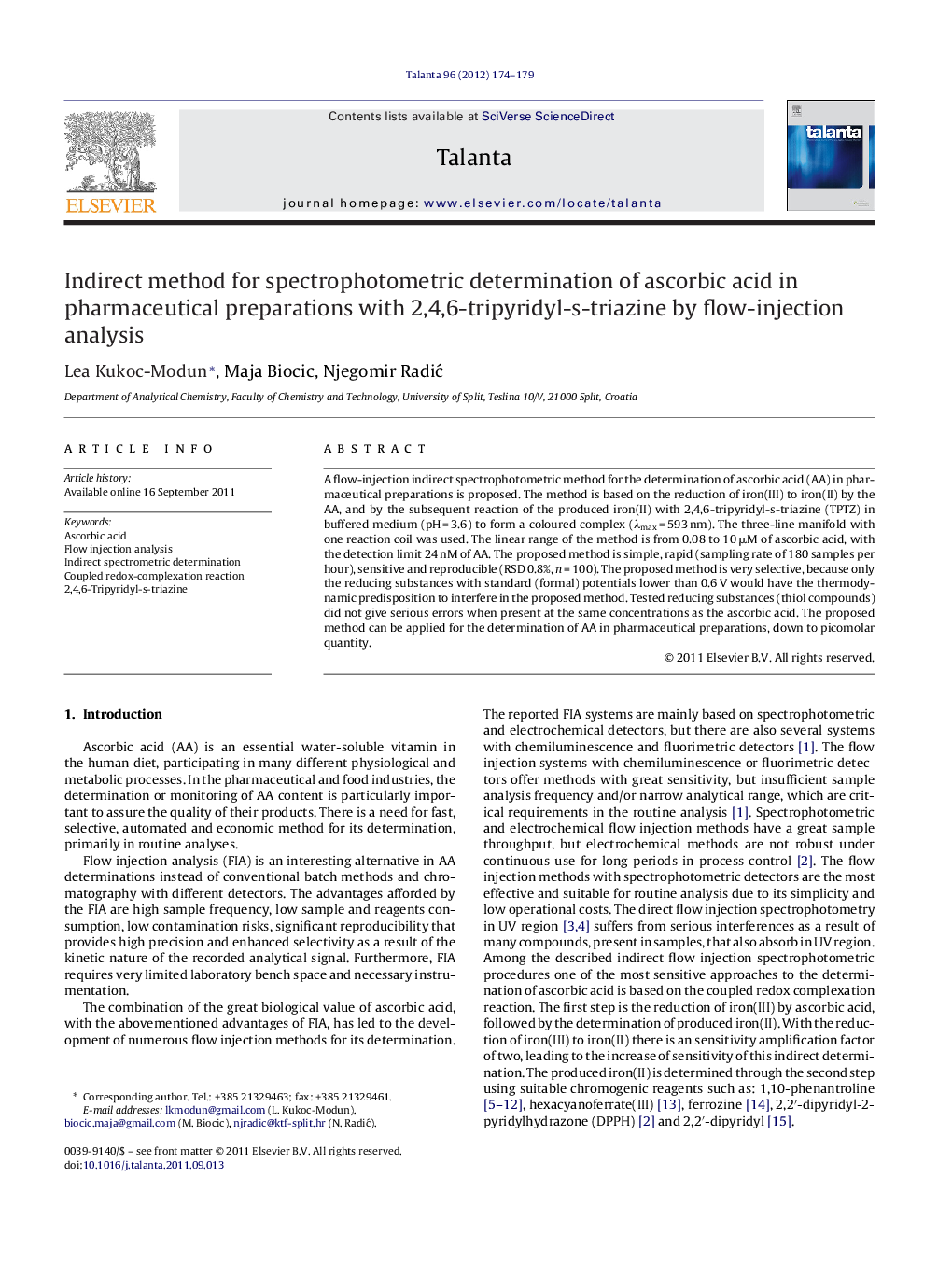 Indirect method for spectrophotometric determination of ascorbic acid in pharmaceutical preparations with 2,4,6-tripyridyl-s-triazine by flow-injection analysis