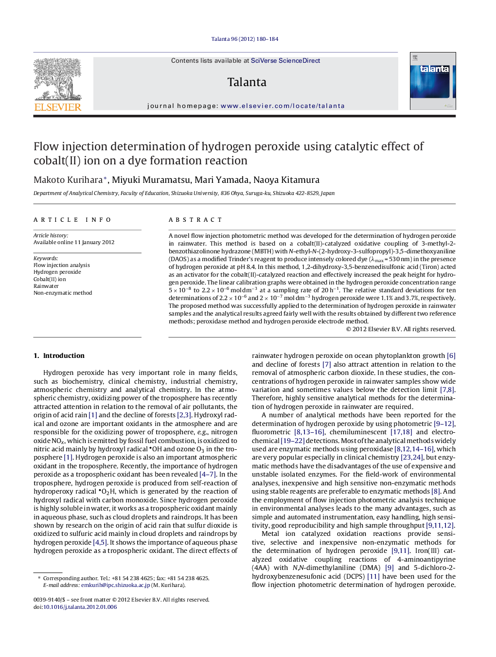 Flow injection determination of hydrogen peroxide using catalytic effect of cobalt(II) ion on a dye formation reaction