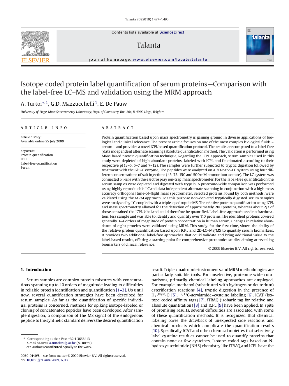 Isotope coded protein label quantification of serum proteins—Comparison with the label-free LC–MS and validation using the MRM approach