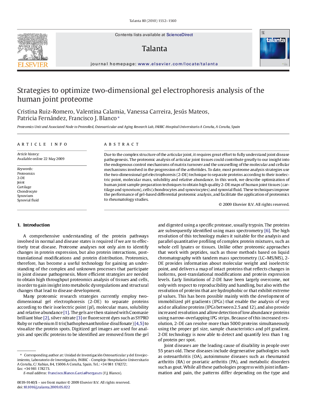 Strategies to optimize two-dimensional gel electrophoresis analysis of the human joint proteome