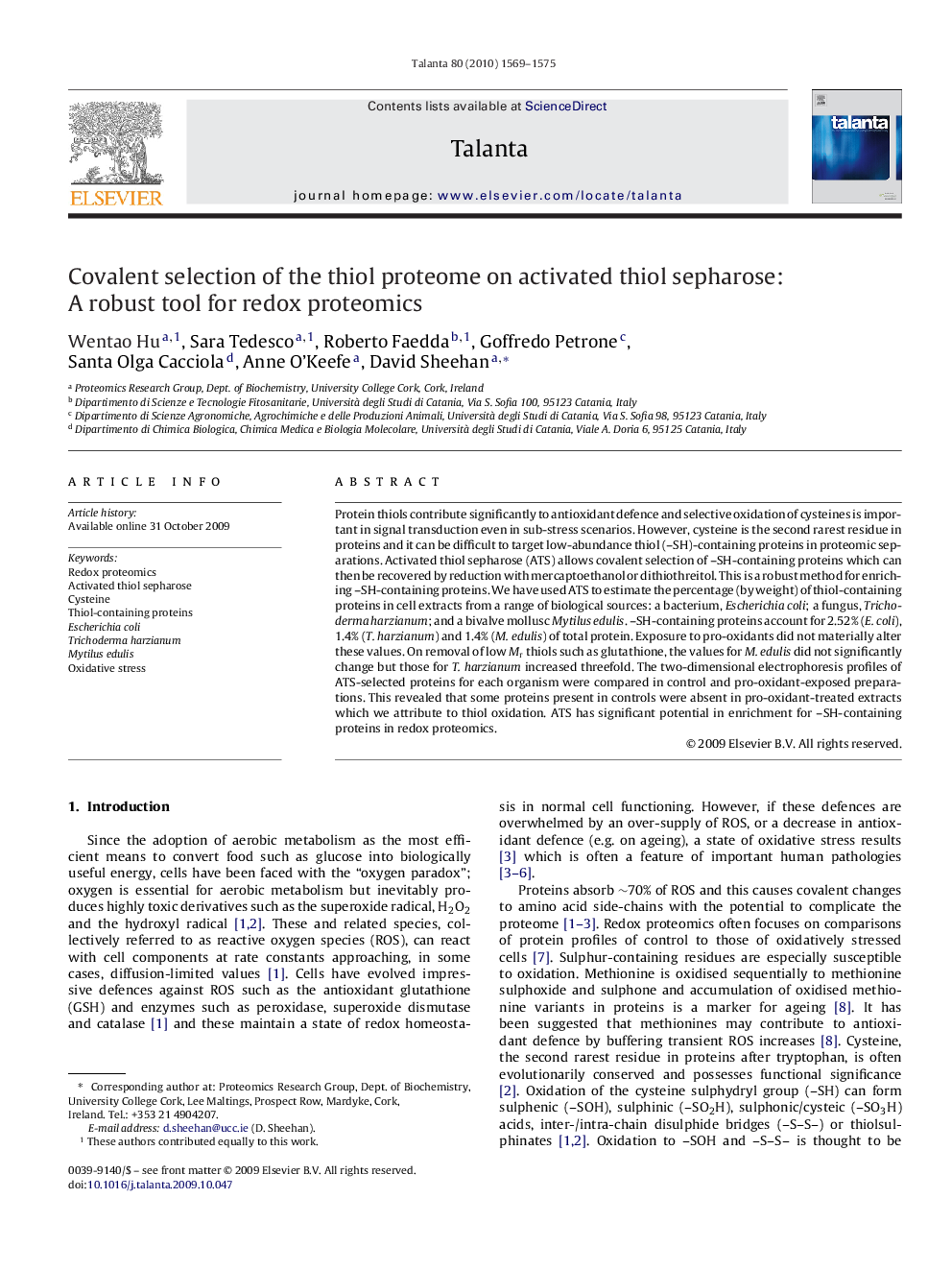 Covalent selection of the thiol proteome on activated thiol sepharose: A robust tool for redox proteomics