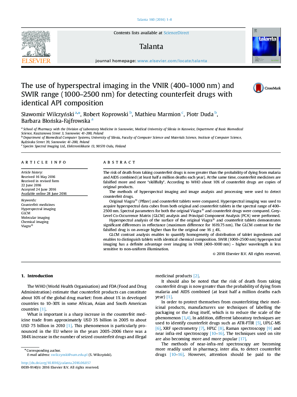 The use of hyperspectral imaging in the VNIR (400–1000 nm) and SWIR range (1000–2500 nm) for detecting counterfeit drugs with identical API composition