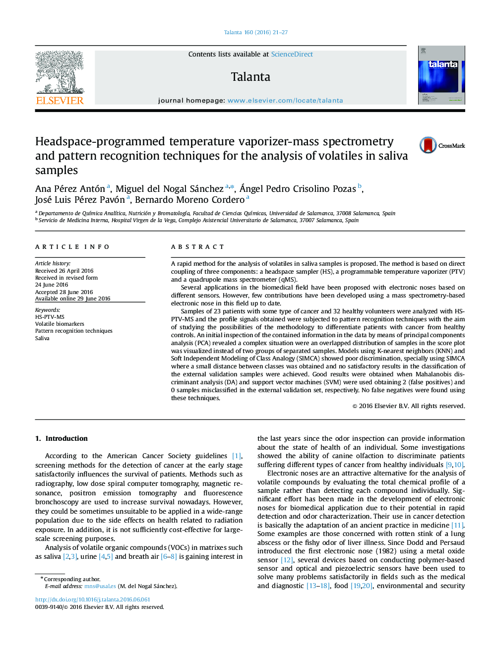 Headspace-programmed temperature vaporizer-mass spectrometry and pattern recognition techniques for the analysis of volatiles in saliva samples