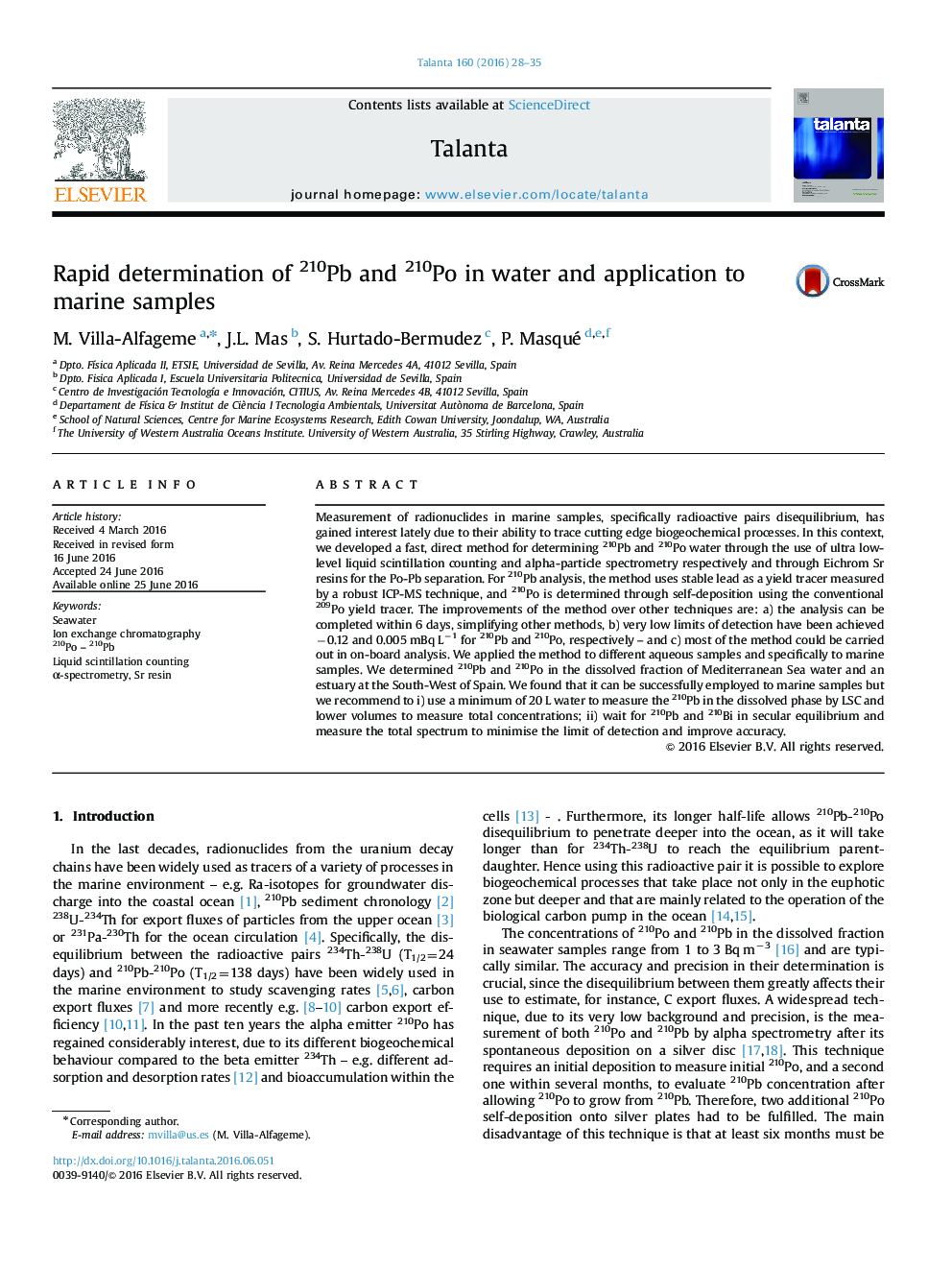 Rapid determination of 210Pb and 210Po in water and application to marine samples