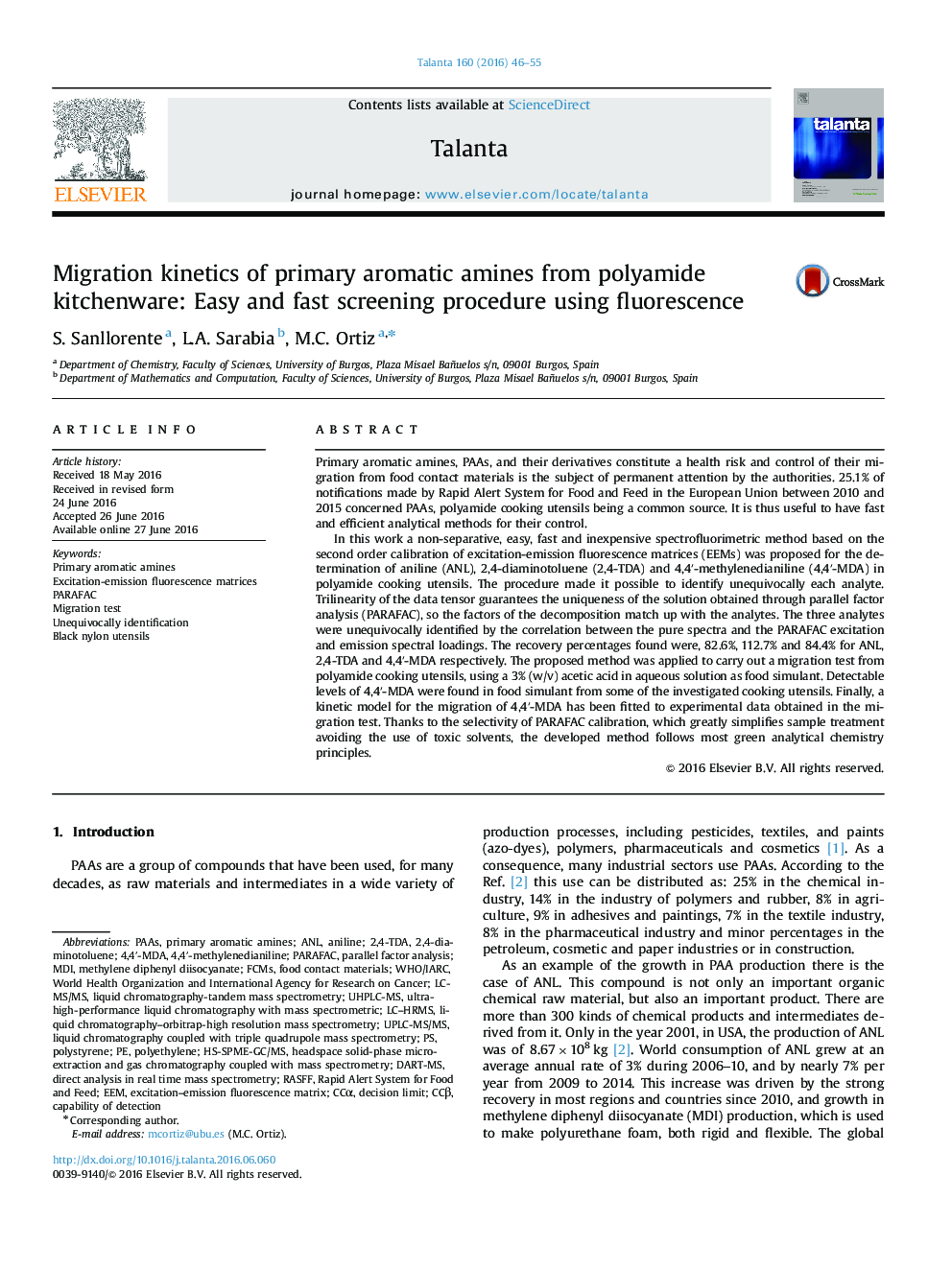 Migration kinetics of primary aromatic amines from polyamide kitchenware: Easy and fast screening procedure using fluorescence