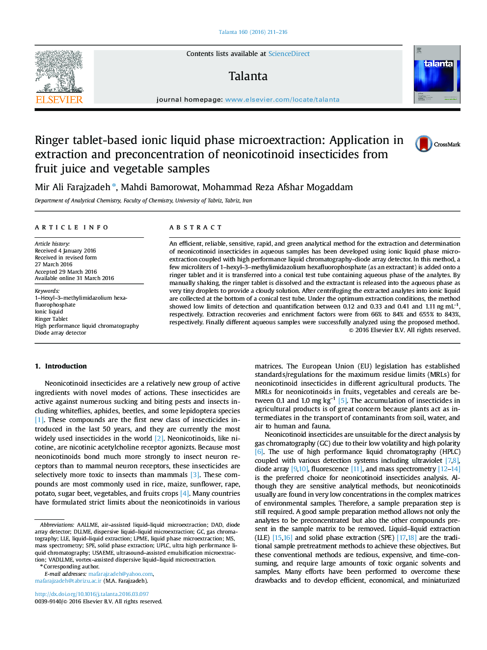 Ringer tablet-based ionic liquid phase microextraction: Application in extraction and preconcentration of neonicotinoid insecticides from fruit juice and vegetable samples