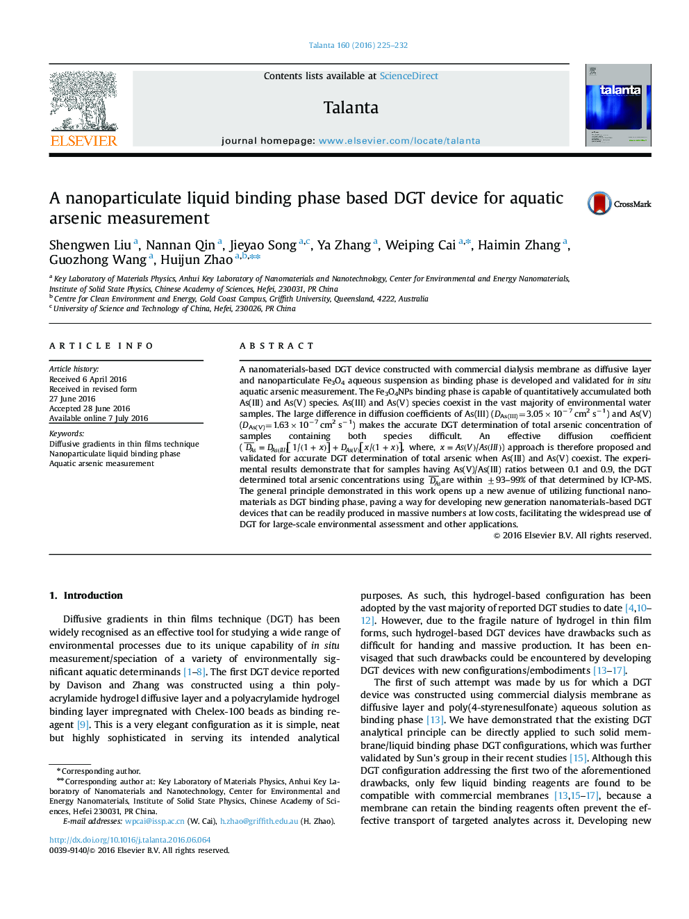 A nanoparticulate liquid binding phase based DGT device for aquatic arsenic measurement