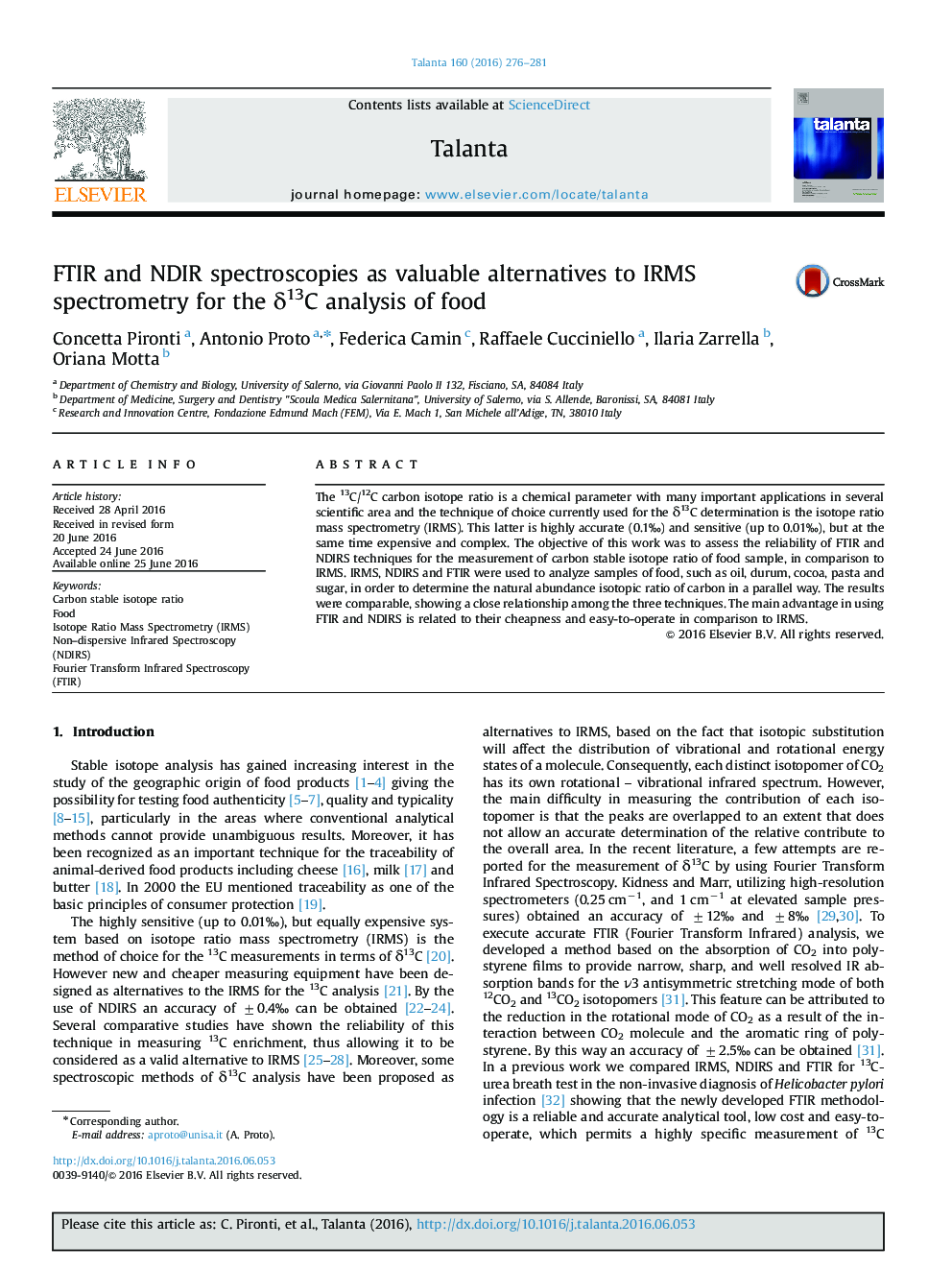 FTIR and NDIR spectroscopies as valuable alternatives to IRMS spectrometry for the δ13C analysis of food