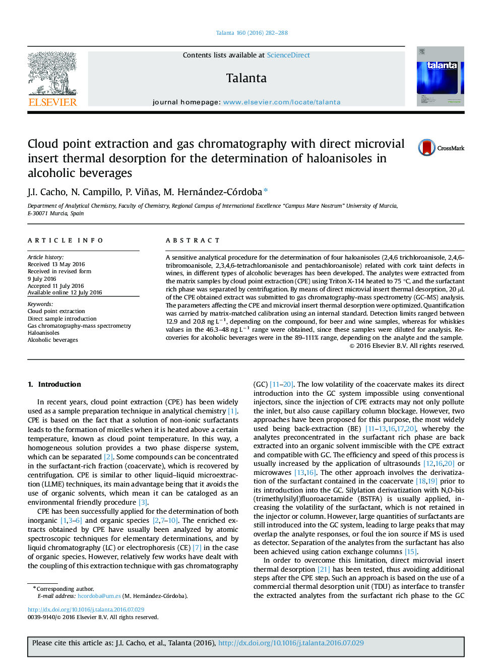 Cloud point extraction and gas chromatography with direct microvial insert thermal desorption for the determination of haloanisoles in alcoholic beverages