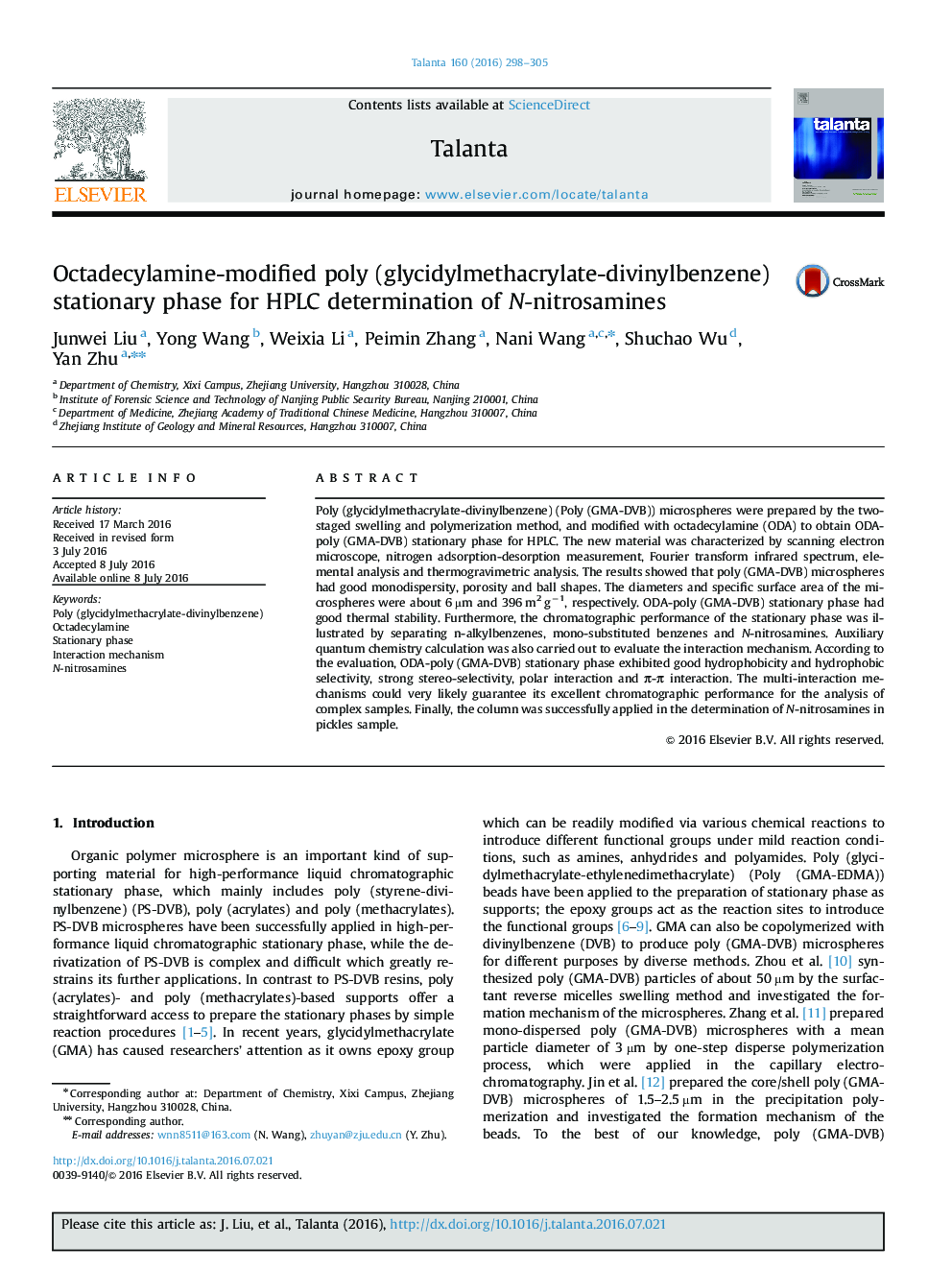 Octadecylamine-modified poly (glycidylmethacrylate-divinylbenzene) stationary phase for HPLC determination of N-nitrosamines