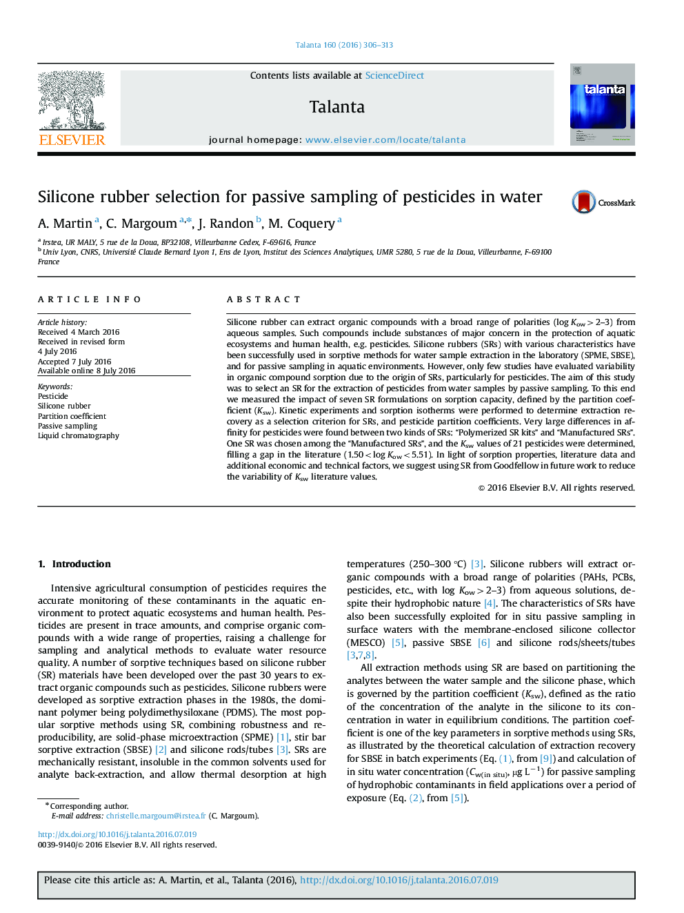 Silicone rubber selection for passive sampling of pesticides in water