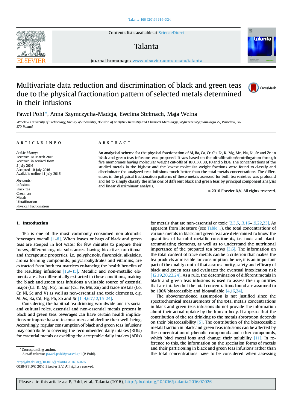 Multivariate data reduction and discrimination of black and green teas due to the physical fractionation pattern of selected metals determined in their infusions