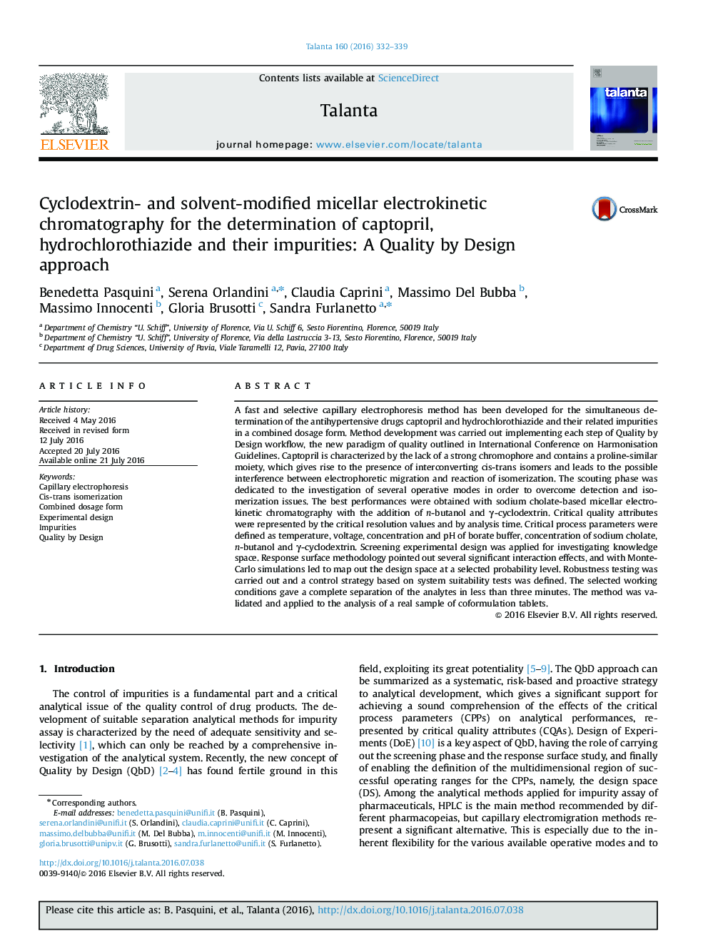 Cyclodextrin- and solvent-modified micellar electrokinetic chromatography for the determination of captopril, hydrochlorothiazide and their impurities: A Quality by Design approach