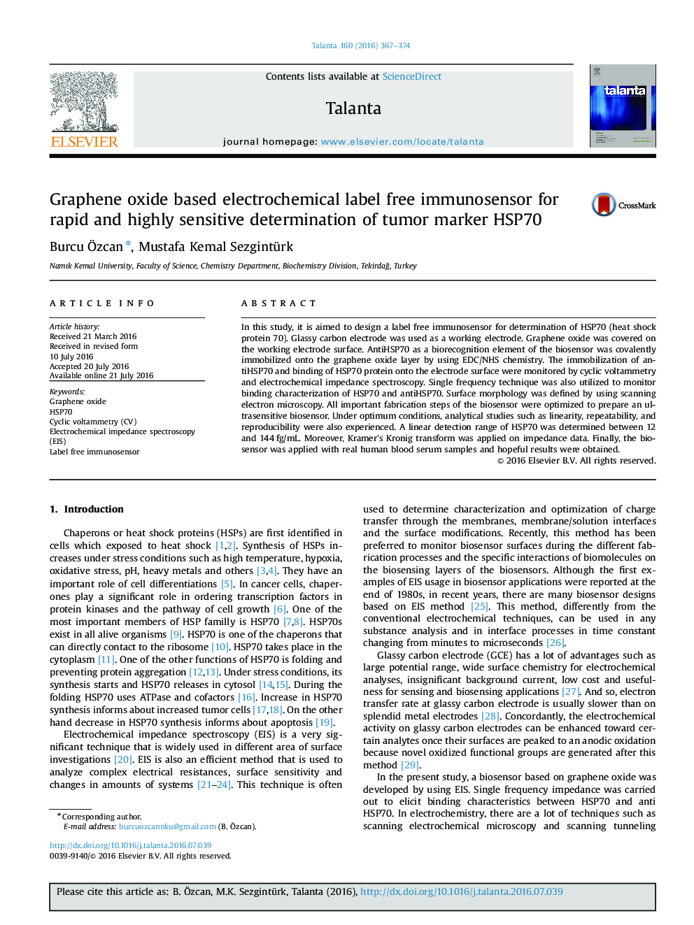 Graphene oxide based electrochemical label free immunosensor for rapid and highly sensitive determination of tumor marker HSP70