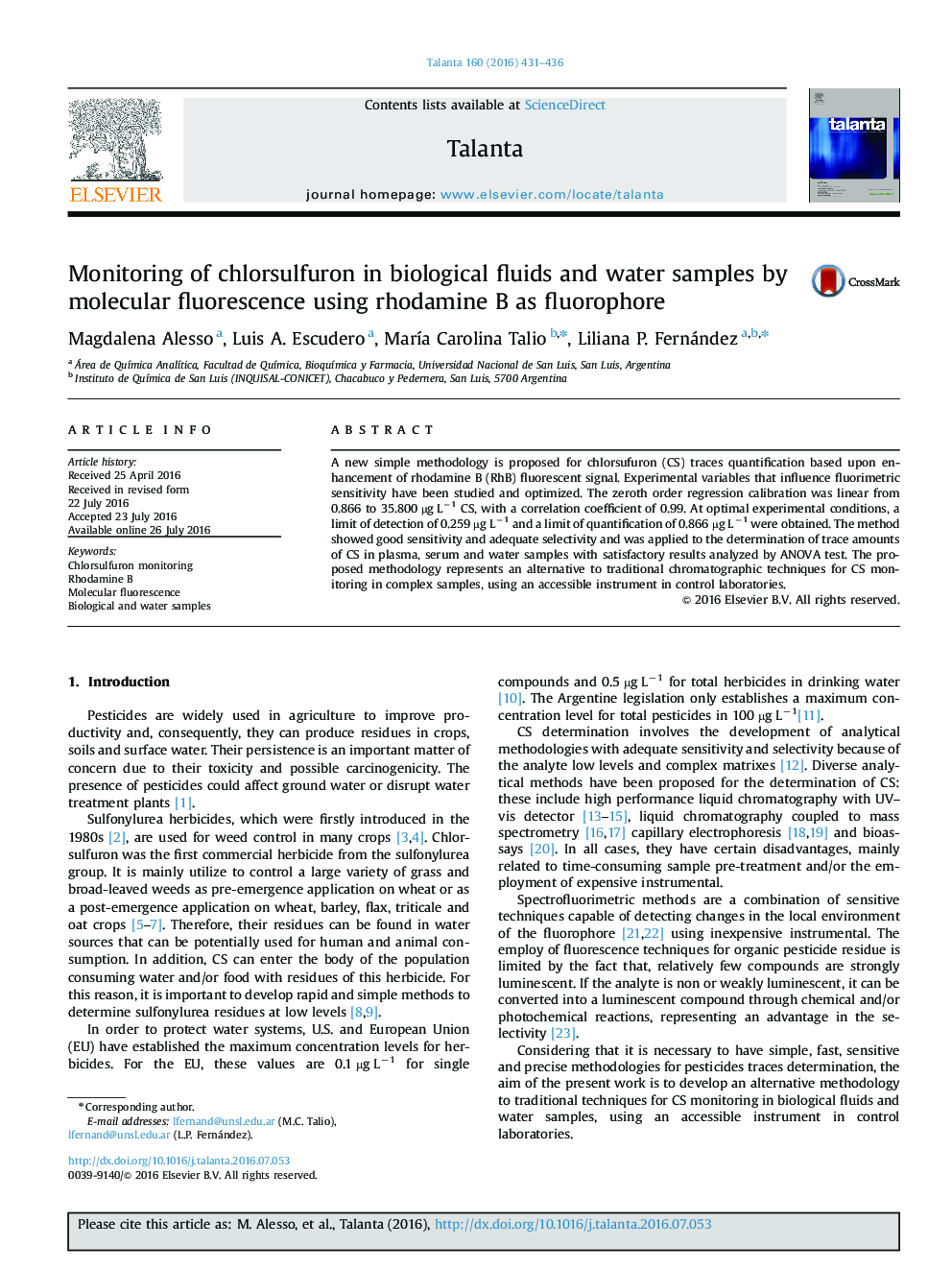 Monitoring of chlorsulfuron in biological fluids and water samples by molecular fluorescence using rhodamine B as fluorophore