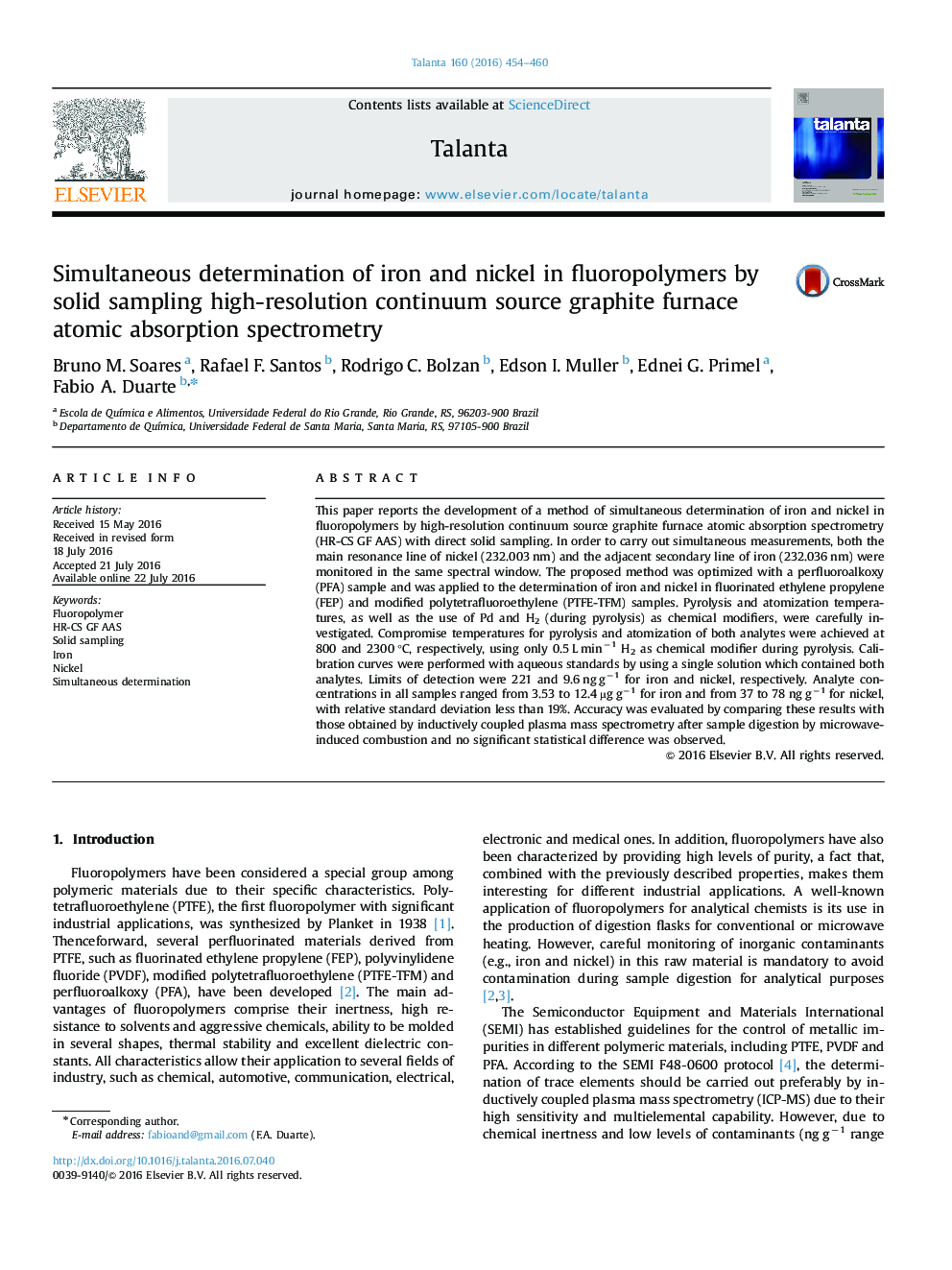 Simultaneous determination of iron and nickel in fluoropolymers by solid sampling high-resolution continuum source graphite furnace atomic absorption spectrometry