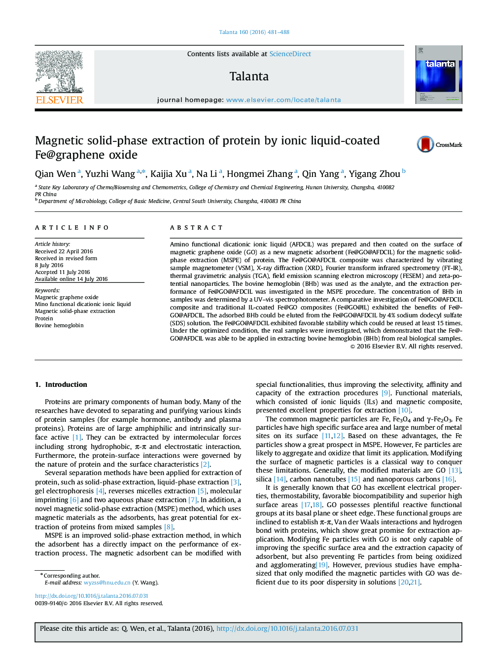 Magnetic solid-phase extraction of protein by ionic liquid-coated Fe@graphene oxide