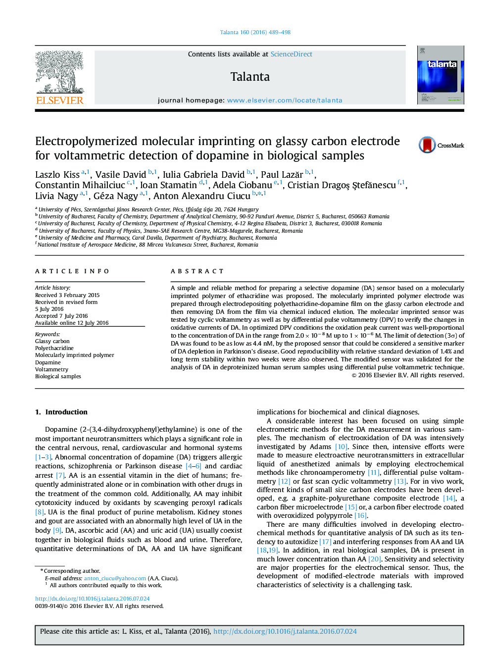 Electropolymerized molecular imprinting on glassy carbon electrode for voltammetric detection of dopamine in biological samples