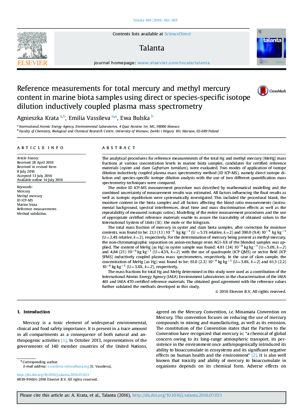 Reference measurements for total mercury and methyl mercury content in marine biota samples using direct or species-specific isotope dilution inductively coupled plasma mass spectrometry