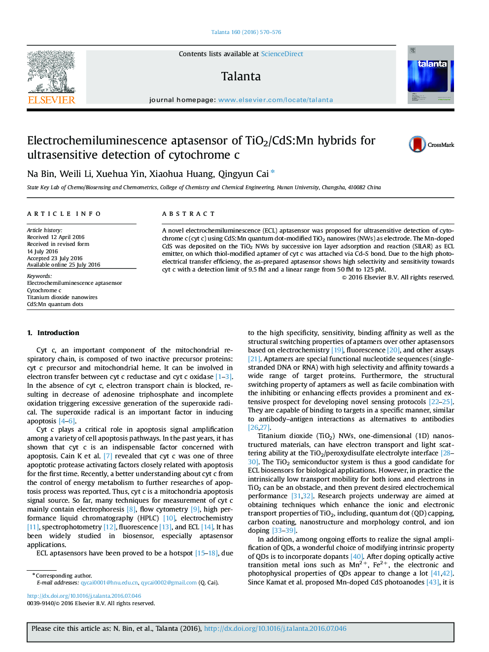 Electrochemiluminescence aptasensor of TiO2/CdS:Mn hybrids for ultrasensitive detection of cytochrome c