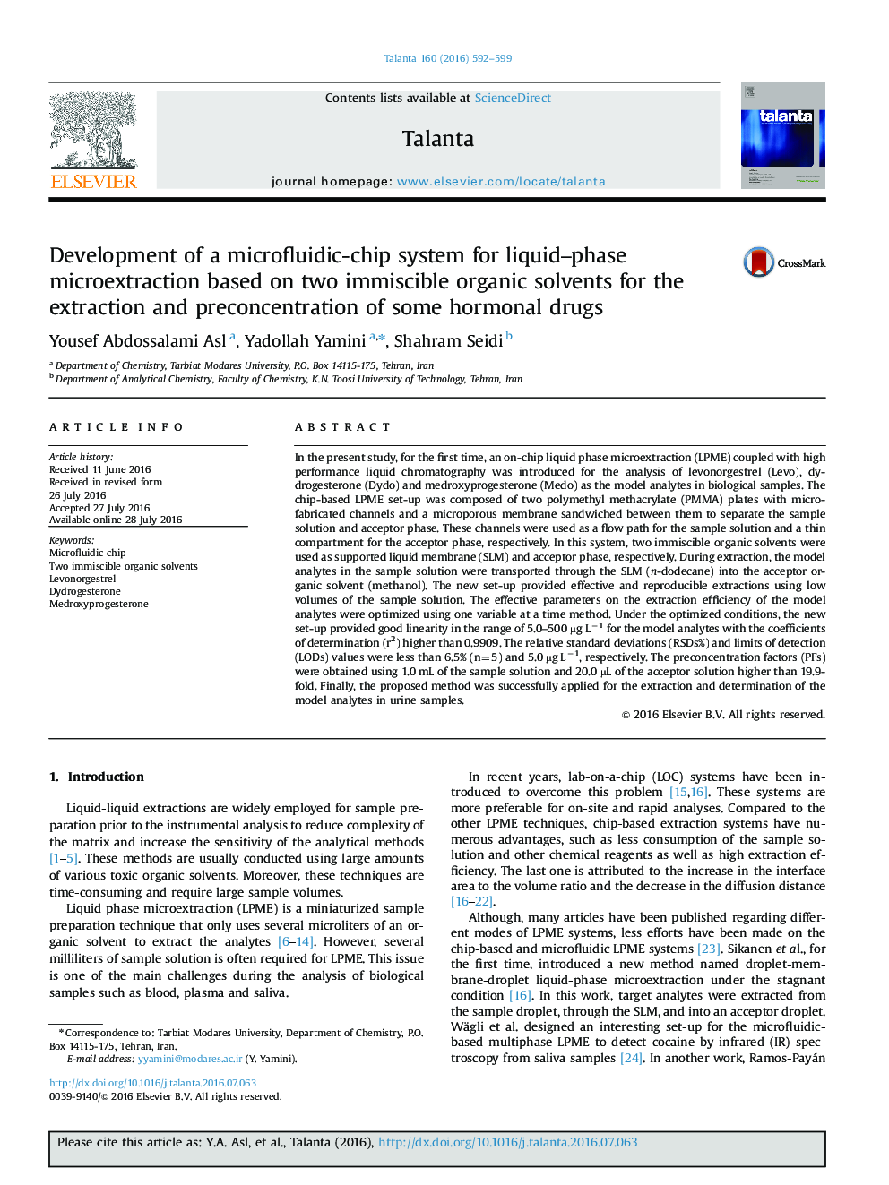 Development of a microfluidic-chip system for liquid–phase microextraction based on two immiscible organic solvents for the extraction and preconcentration of some hormonal drugs