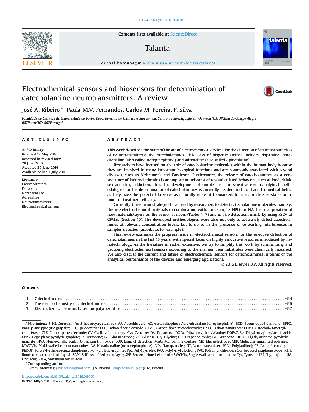 Electrochemical sensors and biosensors for determination of catecholamine neurotransmitters: A review