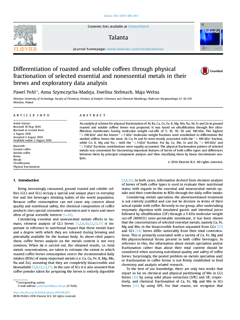 Differentiation of roasted and soluble coffees through physical fractionation of selected essential and nonessential metals in their brews and exploratory data analysis