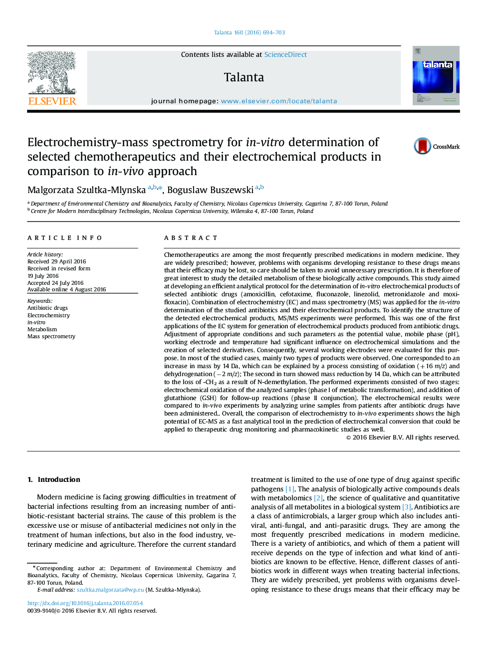 Electrochemistry-mass spectrometry for in-vitro determination of selected chemotherapeutics and their electrochemical products in comparison to in-vivo approach