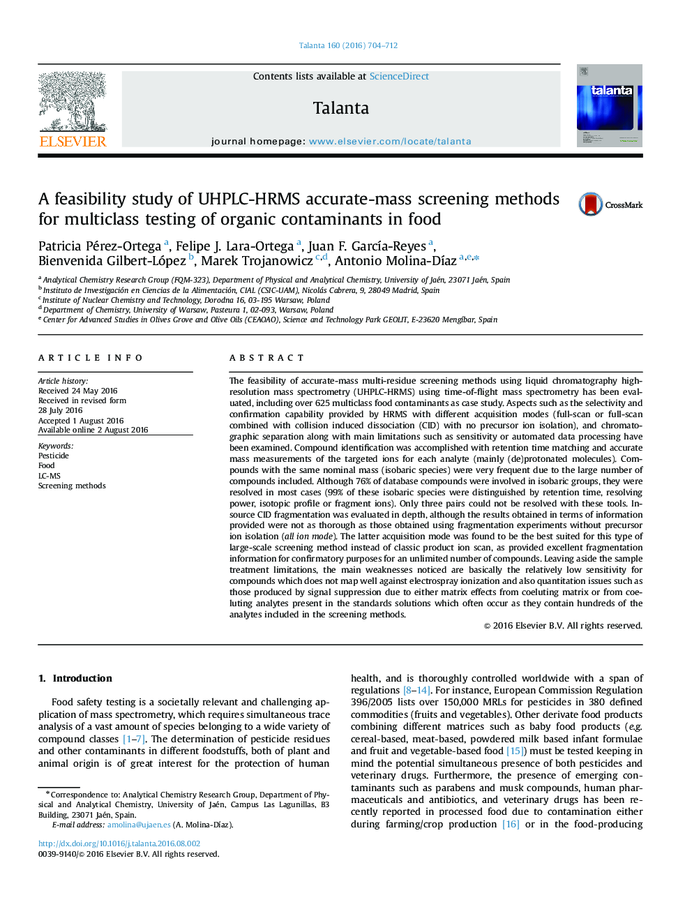 A feasibility study of UHPLC-HRMS accurate-mass screening methods for multiclass testing of organic contaminants in food
